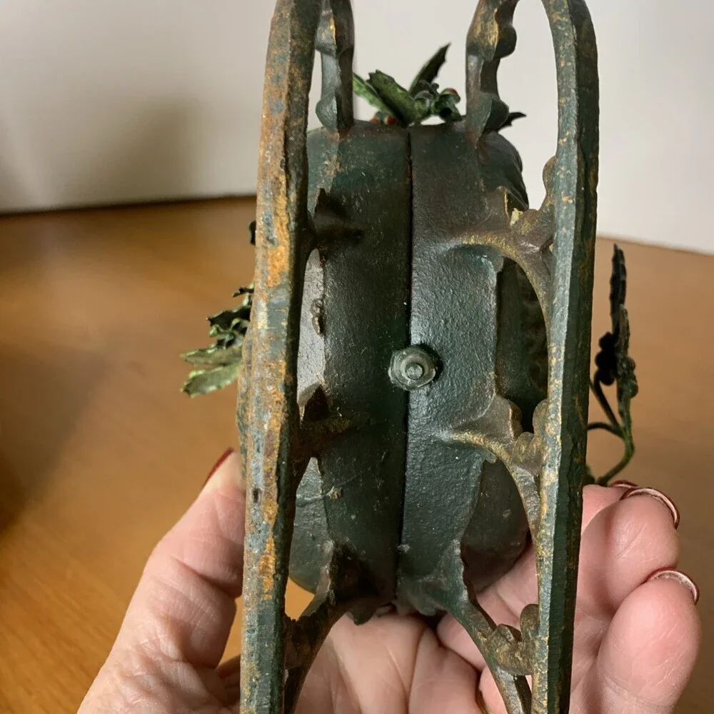 Vintage Cast Iron Christmas Sleigh Candle Holder With Metal Holly